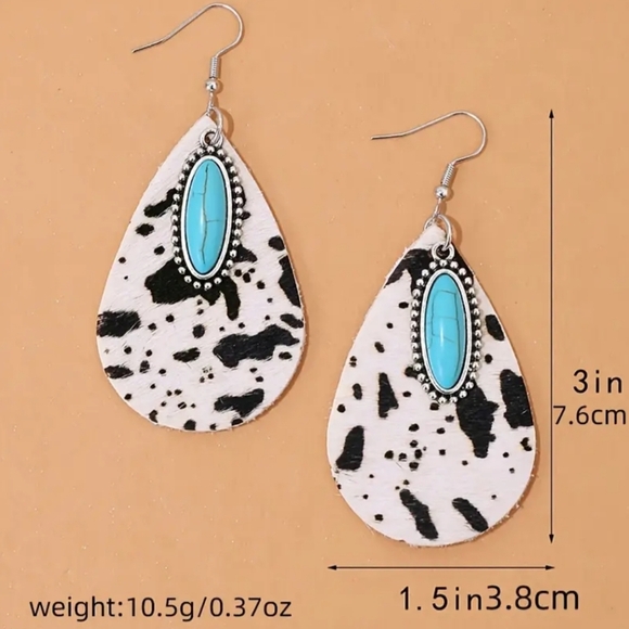 Cow Print Western Animal Print faux fur Teardrop Earrings Turquoise - Picture 3 of 5